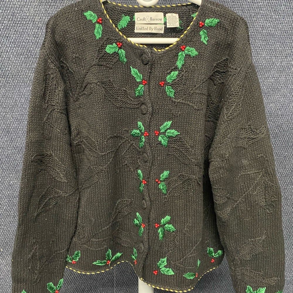 Croft & Barrow Black Sweater with Green and Red Embroidery